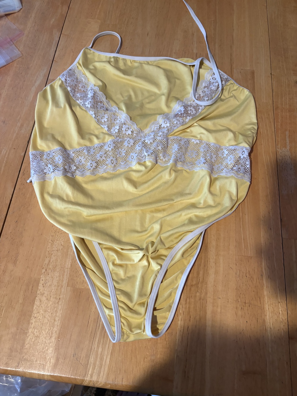 Women's Yellow Bodysuit One Piece Size 4XL White Lace Trim Spaghetti Straps